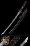 T10 Carbon Steel Wakizashi with Gold Dragon Tsuba in Black Hardwood Lacquer Saya