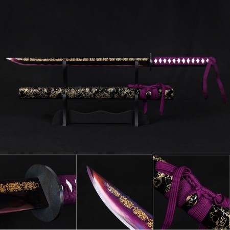Dedicated Floral Blade Design Real Carbon Steel Purple Ninjato Samurai Swords