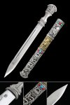 Tibetan Knife - Carbon Steel Double Edge With Silver Gold Dragon Sheath & Gemstone Inlay 27 Inches