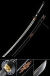 1060 Carbon Steel Full Tang Katana with Black Glossy Saya and Gold Engraved Motif - Collectible Japanese Sword