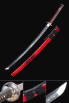 T10 Carbon Steel Clay Tempered Katana with Real Hamon in Red Lacquered Saya and Copper Floral Tsuba