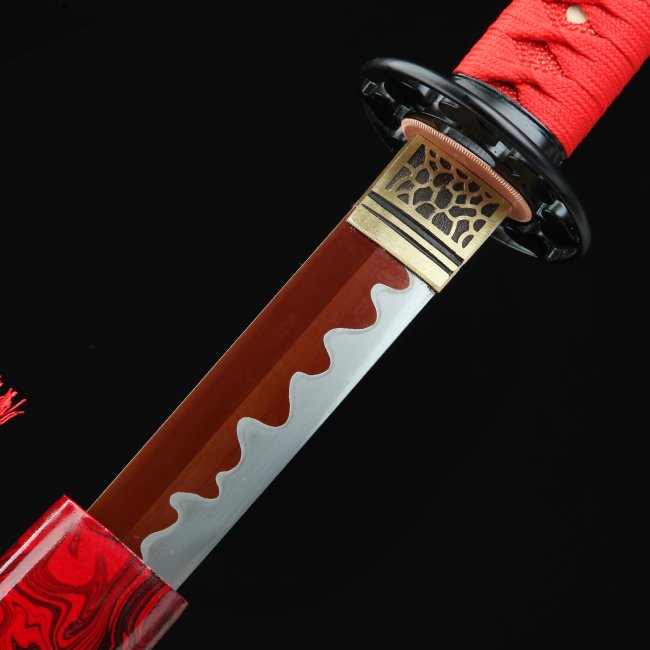 Handgemachte Rote Klinge Aus Federstahl Die Das Echte Japanische Katana Samurai Schwert Mit Roter Scheide Scharft Truekatana