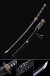 T10 Clay Tempered Katana with Real Hamon, Black Lacquer Saya & Gold Fish Tsuba