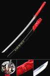 Spring Steel Katana with Red Ito & Dragon Tsuba - Black Piano Lacquer Saya, Gold Vine Engraving