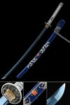 1065 Carbon Steel Blue Blade Katana with Dragon-Themed Saya in Deep Blue Lacquer and Grey Cord Wrap