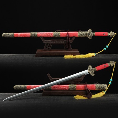 Red Rayskin Chinese Dragon Theme Damascus Steel Clay Tempered Chinese Swords