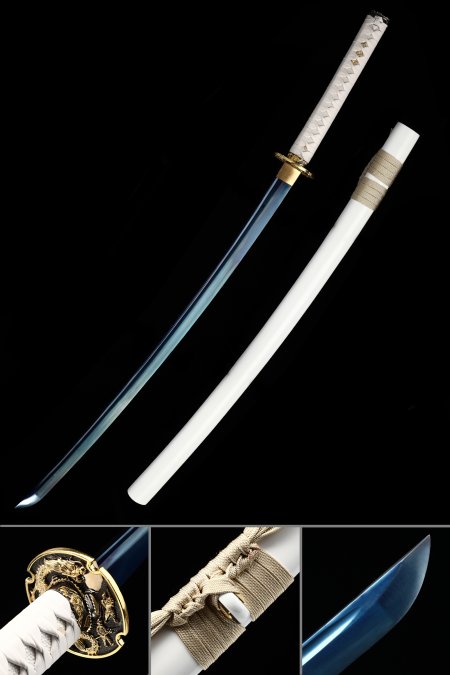 Handmade Japanese Sword With Blue Blade And White Scabbard