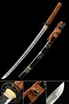 1060 Carbon Steel Wakizashi with Black Lacquer Saya - Orange Ito, Chrysanthemum Tsuba, Gold Vine