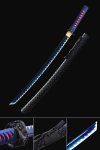 Full Tang Wakizashi with Blue Blade, Manganese Steel - Wave Hamon, Demon Tsuba, Blue-Red Ito