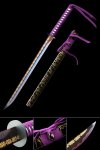 1045 Carbon Steel Ninjato Sword with Purple Straight Blade and Gold Floral Engraving in Piano Lacquer Saya