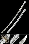 1065 Carbon Steel Full Tang Katana with Silver Saya, Floral Alloy Tsuba and White Cord Handle