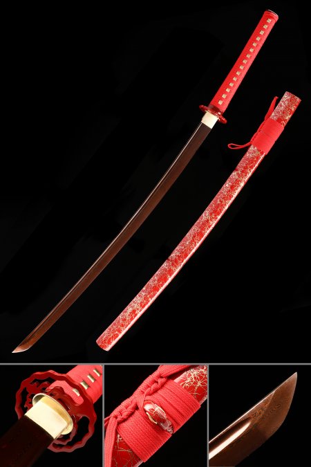 Handmade Japanese Katana Sword Damascus Steel With Red Blade And Scabbard