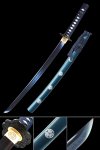 T10 Carbon Steel Wakizashi with Blue Blade, Dark Blue Ito & Teal Hardwood Saya