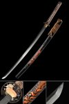 T10 Carbon Steel Katana with Dragon-Carved Black Saya - Full Tang Sanmai Blade, Real Hamon