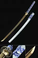 Handmade Japanese Katana Sword 1045 Carbon Steel With Golden Blade And White Scabbard