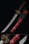 Handmade Japanese Short Tanto Sword Pattern Steel With Red Saya