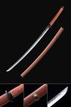 Spring Steel Katana with Hammered Blade and Rosewood Handle in Brown PU Leather Saya