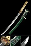 Damascus Steel Wakizashi in Green Lacquer Saya - Dragon Tsuba, Beige Ito, 28.74