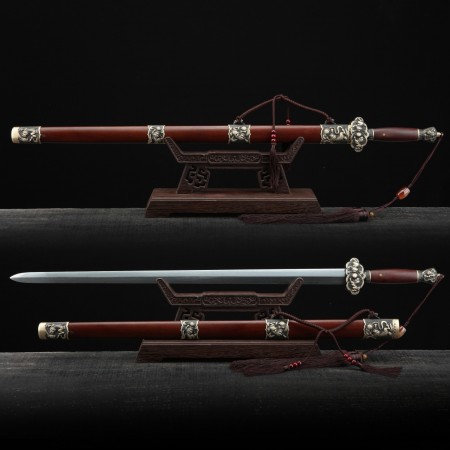 Handmade Brown Chinese Lion Theme Damascus Steel Full Tang Chinese Swords