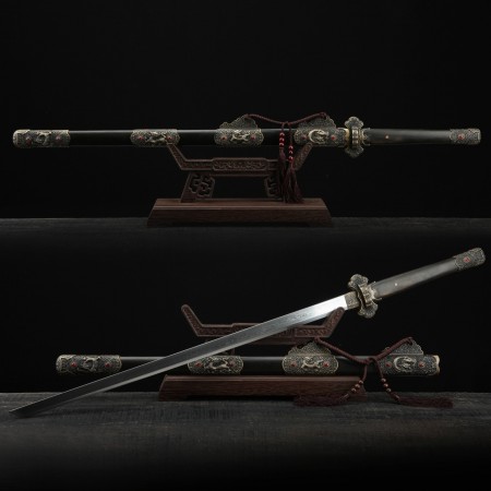 Kirin Theme Black Sandalwood Tang Dynasty Hand Forged Real Chinese Swords