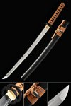 Handmade High Manganese Steel Real Japanese Wakizashi Sword With Black Scabbard And Round Tsuba