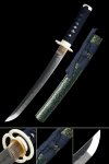 Japanese Tanto T10 Steel Real Hamon Blade with Teal Lacquer Saya - Dark Blue Cord Handle