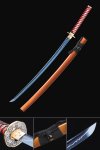 Blue Blade Manganese Steel Katana with Orange Hardwood Saya - Chrysanthemum Tsuba, Red-White Ito