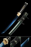 1060 Carbon Steel Tanto with Blue Blade - Black Cord Handle, Teal-Gold Lacquer Saya, Gold-White Tsuba
