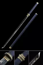 Handmade Japanese Chokuto Ninjato Sword With Blue Leather Saya