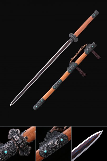 Handmade Chinese Dragon Theme Damascus Steel Red Blade Rosewood Chinese Swords