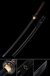 1060 Carbon Steel Black Katana with Dragon Tsuba in Red and Black Ito - Full Tang Collectible Samurai Sword