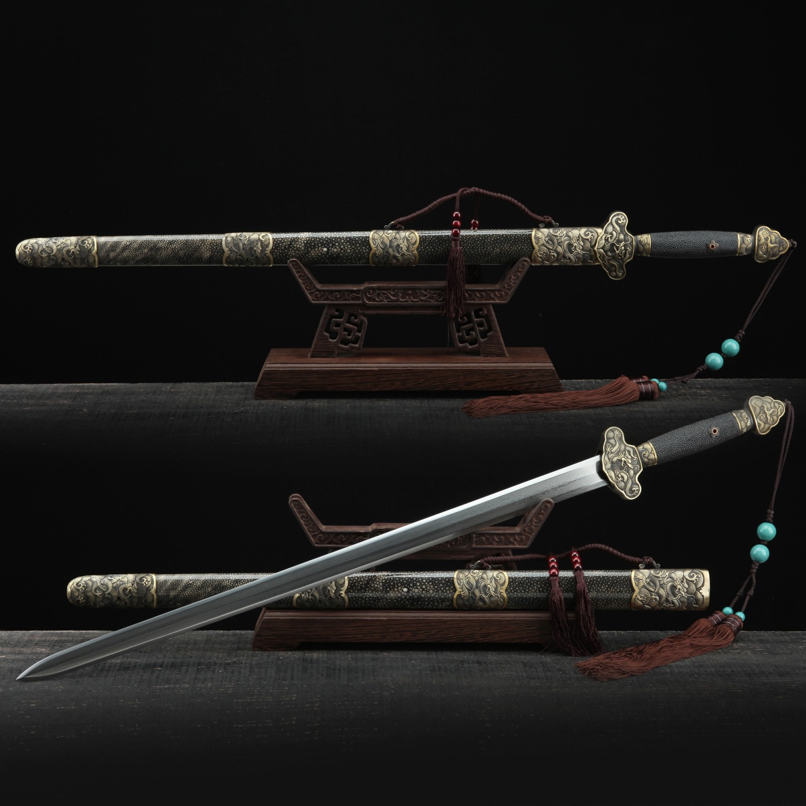 Black Rayskin Theme Handmade Damascus Steel Clay Tempered Real Chinese Swords Black Rayskin Theme Handmade Damascus Steel Clay Tempered Real Chinese Swords