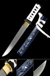 Manganese Steel Tanto with Blue Dragon-Painted Hardwood Saya - White Ito & Gold Tsuba