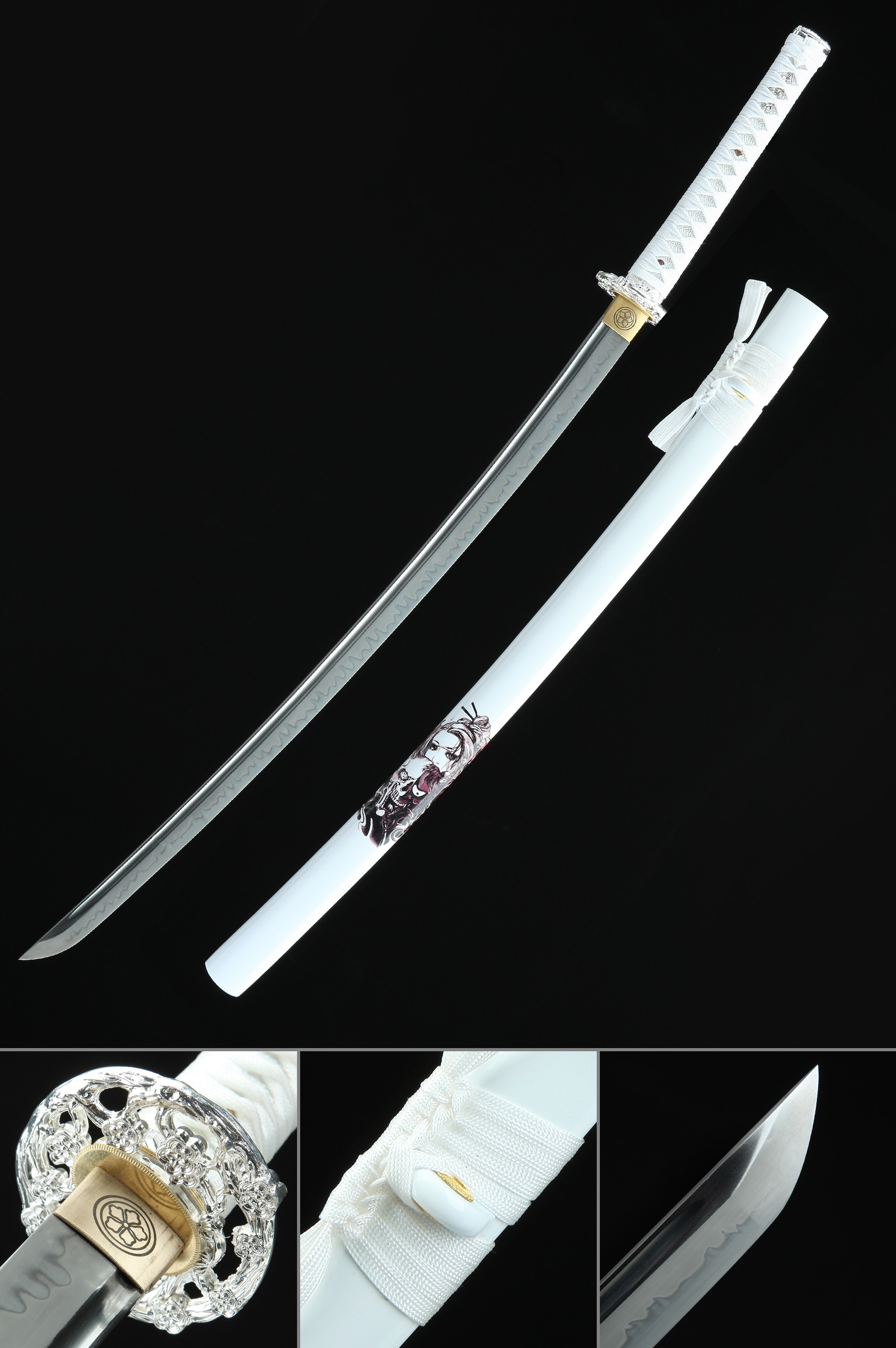 Handmade Japanese Katana Sword T10 Folded Clay Tempered Steel With White Scabbard Handmade Japanese Katana Sword T10 Folded Clay Tempered Steel With White Scabbard