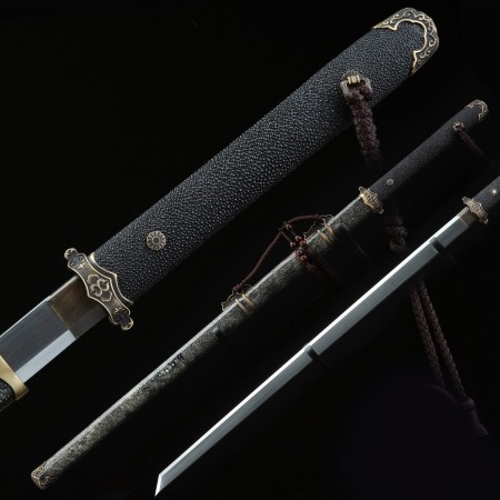 Fully Handmade Real Fish Leather Chinese Tang Straight Sword Tang Dao With Black Wooden Scabbard