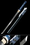 Damascus Steel Ninjato with Blue Ito, Real Rayskin & Dark Blue Lacquered Hardwood Saya