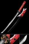 T10 Manganese Steel Wakizashi with Red Ito, Chrysanthemum Tsuba in Black Lacquer Saya
