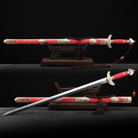 Red Rayskin Theme Handmade Damascus Steel Chinese Qing Dynasty King Swords