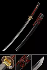Short Katana, Handmade Wakizashi Sword T10 Folded Clay Tempered Steel With Flower Tsuba