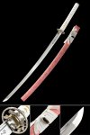 1065 Carbon Steel Full Tang Katana with Pink Lacquered Saya and White Cord Handle - Floral Tsuba Collectible Sword