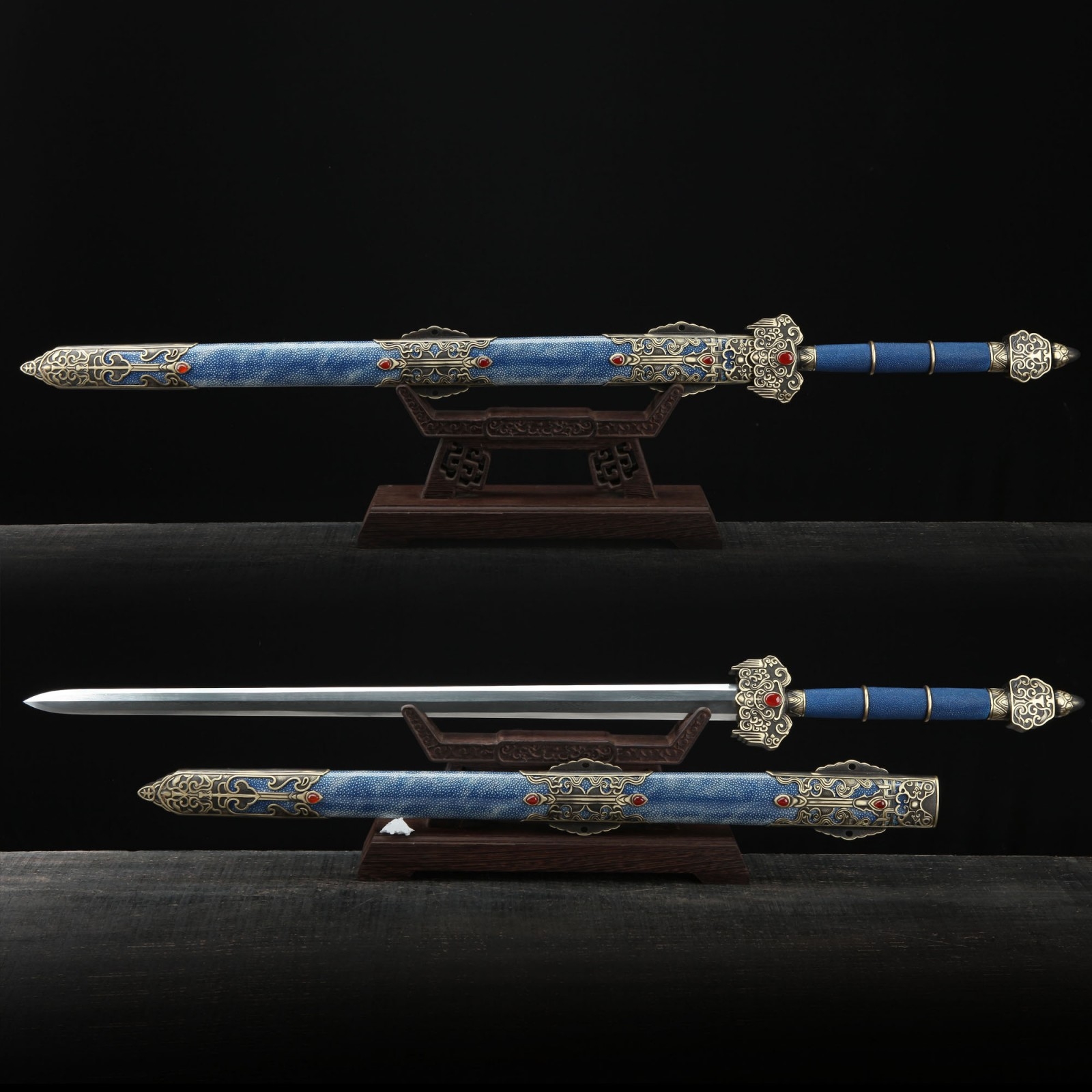 Handmade Blue Real Rayskin Scabbard Damascus Steel Chinese Swords Of Feng Shen Handmade Blue Real Rayskin Scabbard Damascus Steel Chinese Swords Of Feng Shen