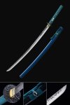 Spring Steel Blue Katana with Cloud Tsuba in Piano Lacquer Saya - Teal Ito Full Tang Collectible Sword