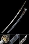 Damascus Steel Katana with Dragon Tsuba and Gray Painted Saya - Folded Pattern Steel Collectible Sword