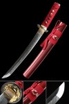 T10 Clay Tempered Tanto Sword with Real Hamon in Red Saya - Gold Floral Tsuba Collectible