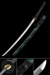 Spring Steel Katana with Gold Geometric Tsuba - Black & Green Saya Wave Pattern, Full Tang