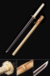 Damascus Steel Ninjato Sword with Dark Red Blade & Gold Tsuba - Natural Wood Saya, Full Tang
