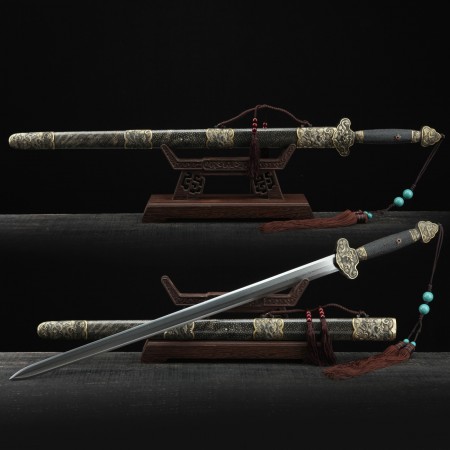 Black Rayskin Theme Handmade Damascus Steel Clay Tempered Real Chinese Swords