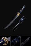 Lightning Blade Tanto in Stainless Steel with Black Hardwood Saya - Blue Cord Handle, Gold Dragon Tsuba