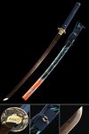 Folded Melaleuca Steel Katana with Red-to-Blue Gradient Blade in Vibrant Painted Hardwood Saya