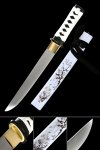 Manganese Steel Japanese Tanto with Crane and Plum Blossom Hand-Painted White Saya in Full Tang Design